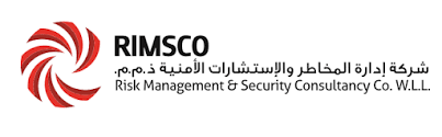 Logo featuring a red, swirling vortex design on the left. To the right, the text reads "RIMSCO" in bold black letters, with smaller text below in Arabic script and English stating "Risk Management & Security Consultancy Co. W.L.L.