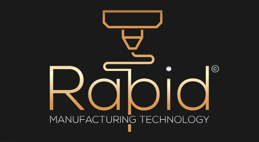 Golden outline of a 3D printer nozzle above the stylized text "Rapid" with a line connecting the nozzle to the letter "p." The word "Rapid" is in large letters, followed by smaller text "MANUFACTURING TECHNOLOGY" below, all on a black background.